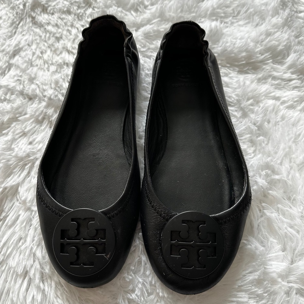 Tory Burch Black Leather Logo Ballet Flats